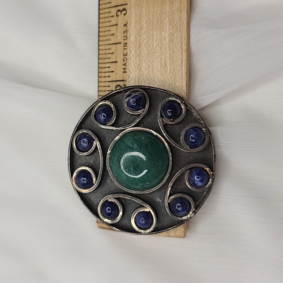 Vintage Mexican Sterling Silver Aventurine and Lapis Brooch - Picture 9 of 10